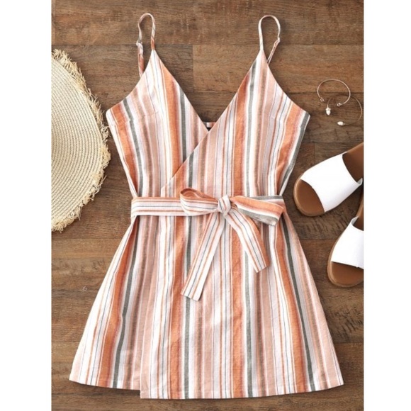 zaful Dresses & Skirts - Belted Wrap Stripes Mini Dress